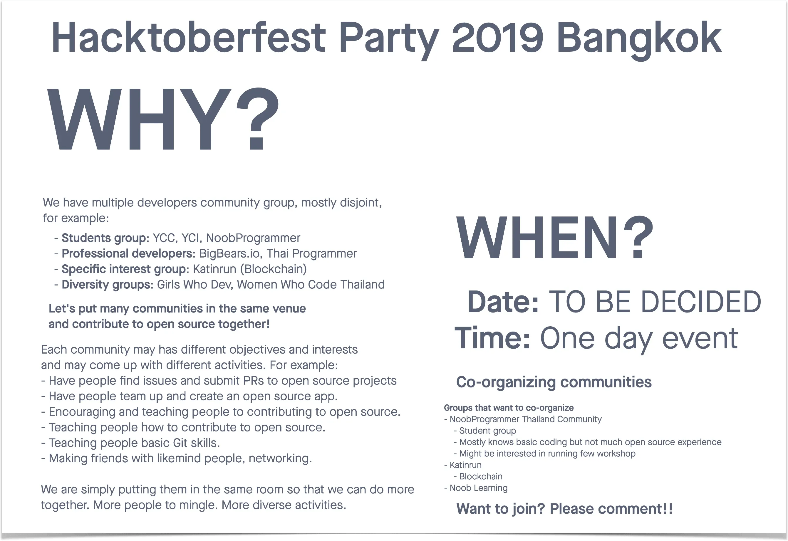 The image is part of an organizing board for a "Hacktoberfest Party 2019 Bangkok" event, providing details about the event's purpose, target audience, and when it will take place.