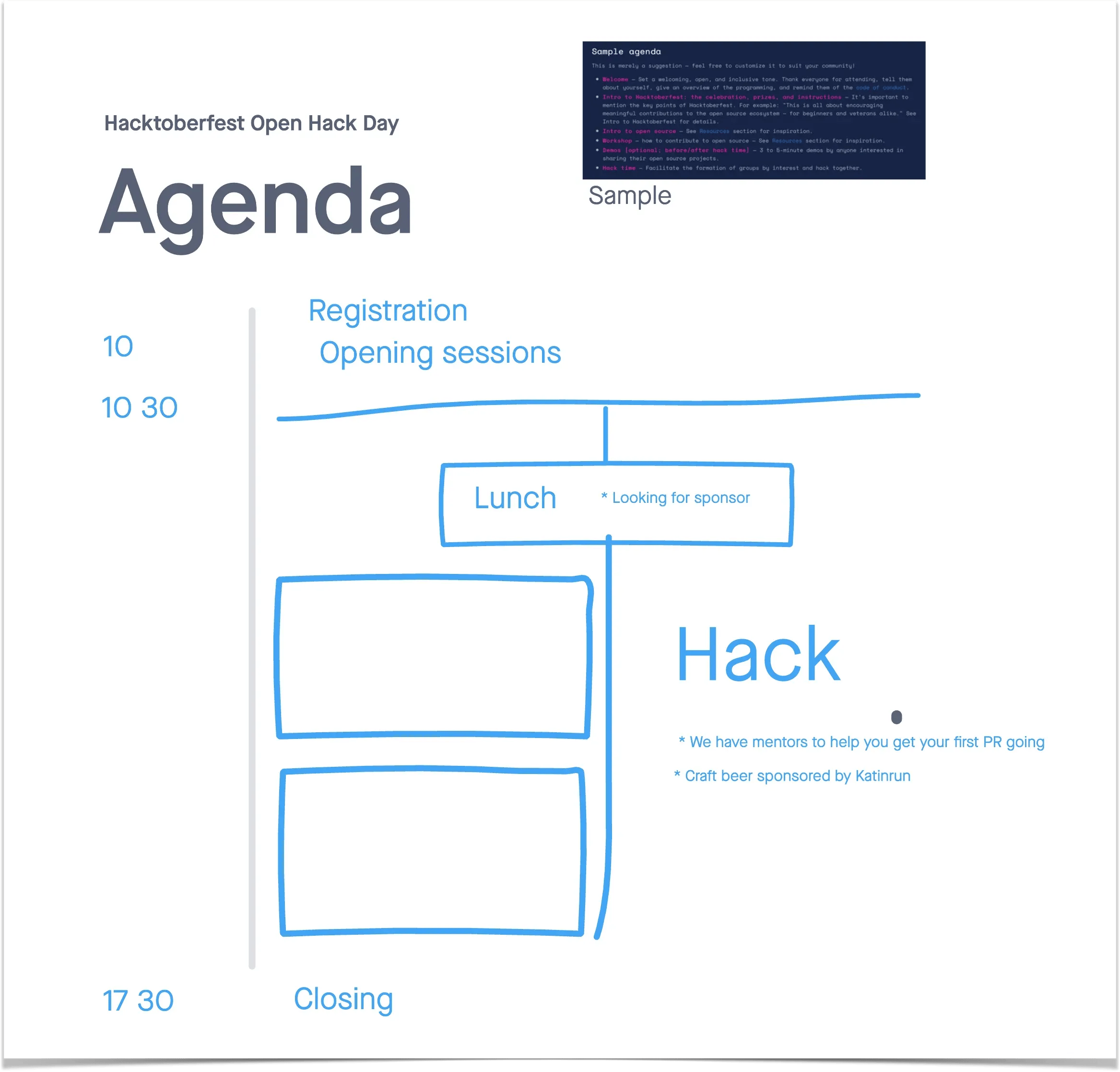 The image displays an agenda for a Hacktoberfast Open Hack Day event, with sections for registration, opening sessions, lunch, a "Hack" section, and closing.