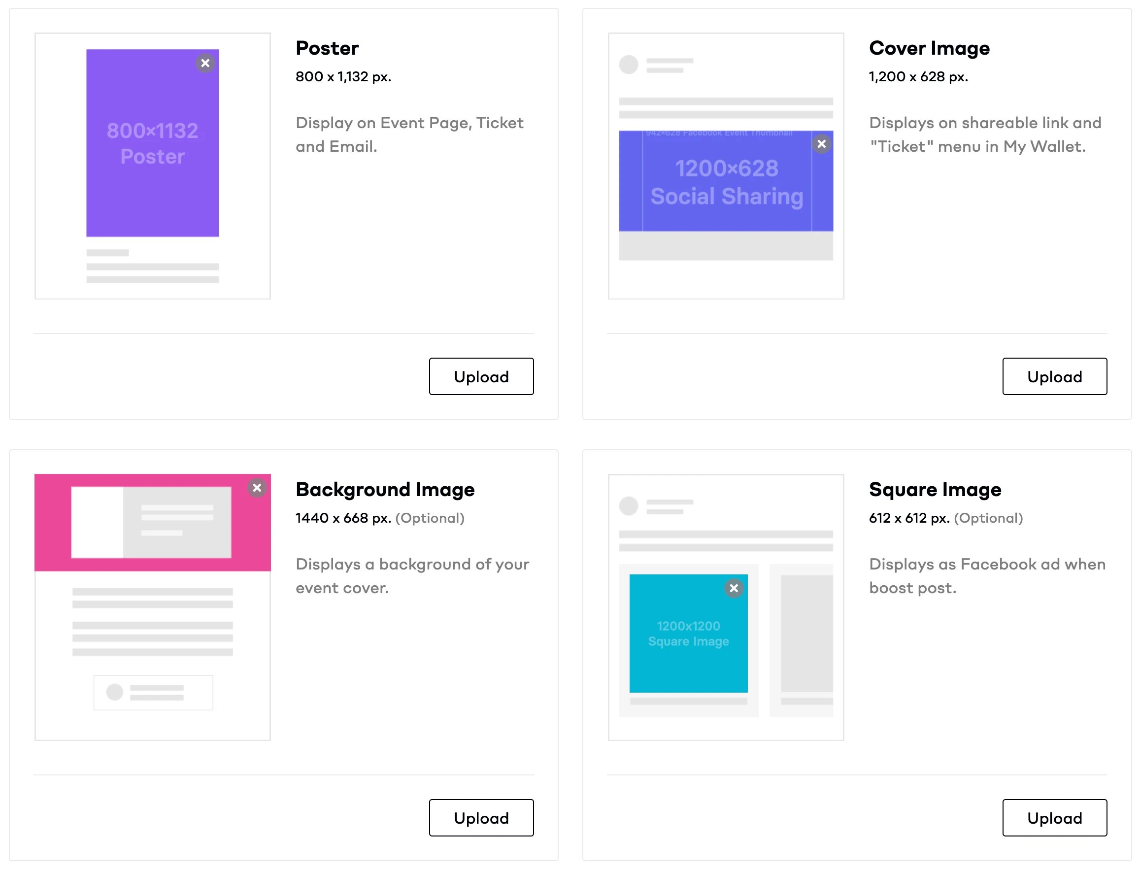 The image displays various templates for different types of social media content, including a poster, cover image, background image, and square image. Each template has a placeholder for the actual content, with labels indicating the purpose and dimensions of each type of content.