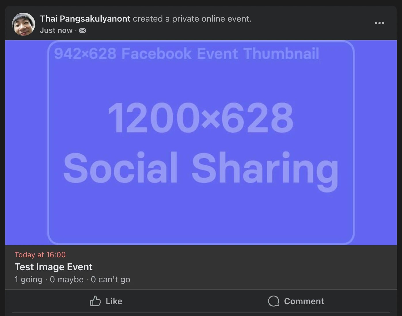 The image displays a Facebook event thumbnail with dimensions of 1200x628 pixels, labeled "Social Sharing" against a solid blue background.
